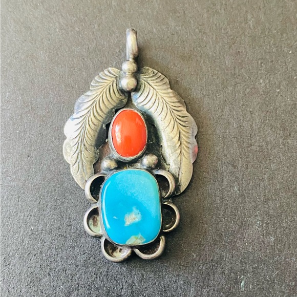 Jewelry - Vintage Sterling Silver Pendant/ Red Coral & Turquoise
